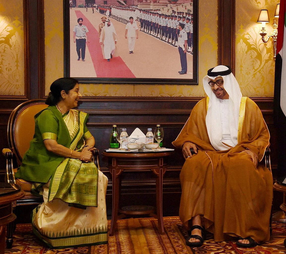 External Affairs Minister Sushma Swaraj with Abu Dhabi’s crown prince Sheikh Mohamed bin Zayed Al Nahyan. (Photo: PTI)