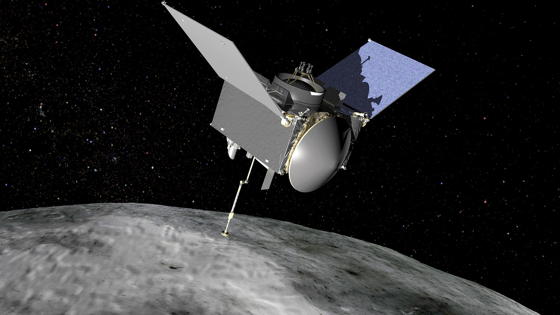 OSIRIS-REx spacecraft at the asteroid Bennu. (Photo Courtesy: <a href="http://www.asteroidmission.org/wp-content/uploads/2016/01/OSIRIS-REx-Spacecraft-at-Bennu.png">Asteroid Mission</a>)