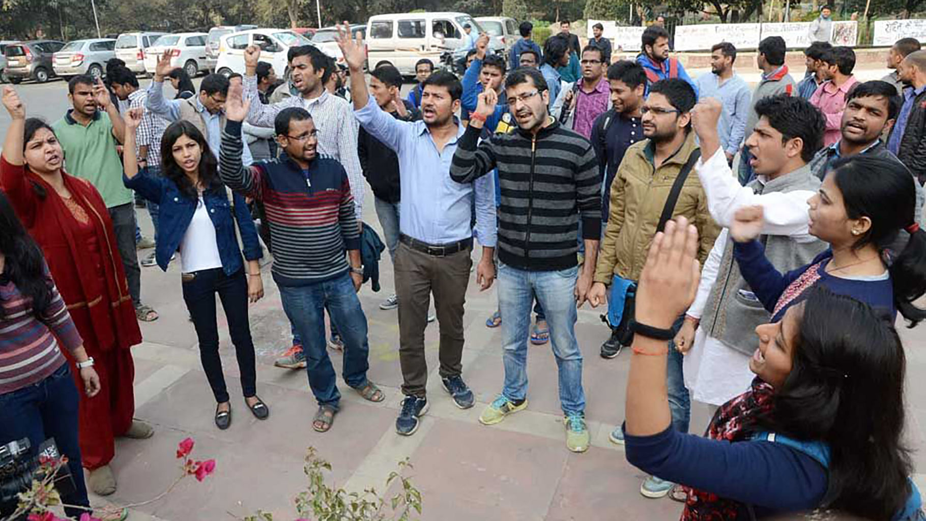 ABVP students protest outside JNU VC’s office over pro-Afzal Guru event. (Photo: PTI)