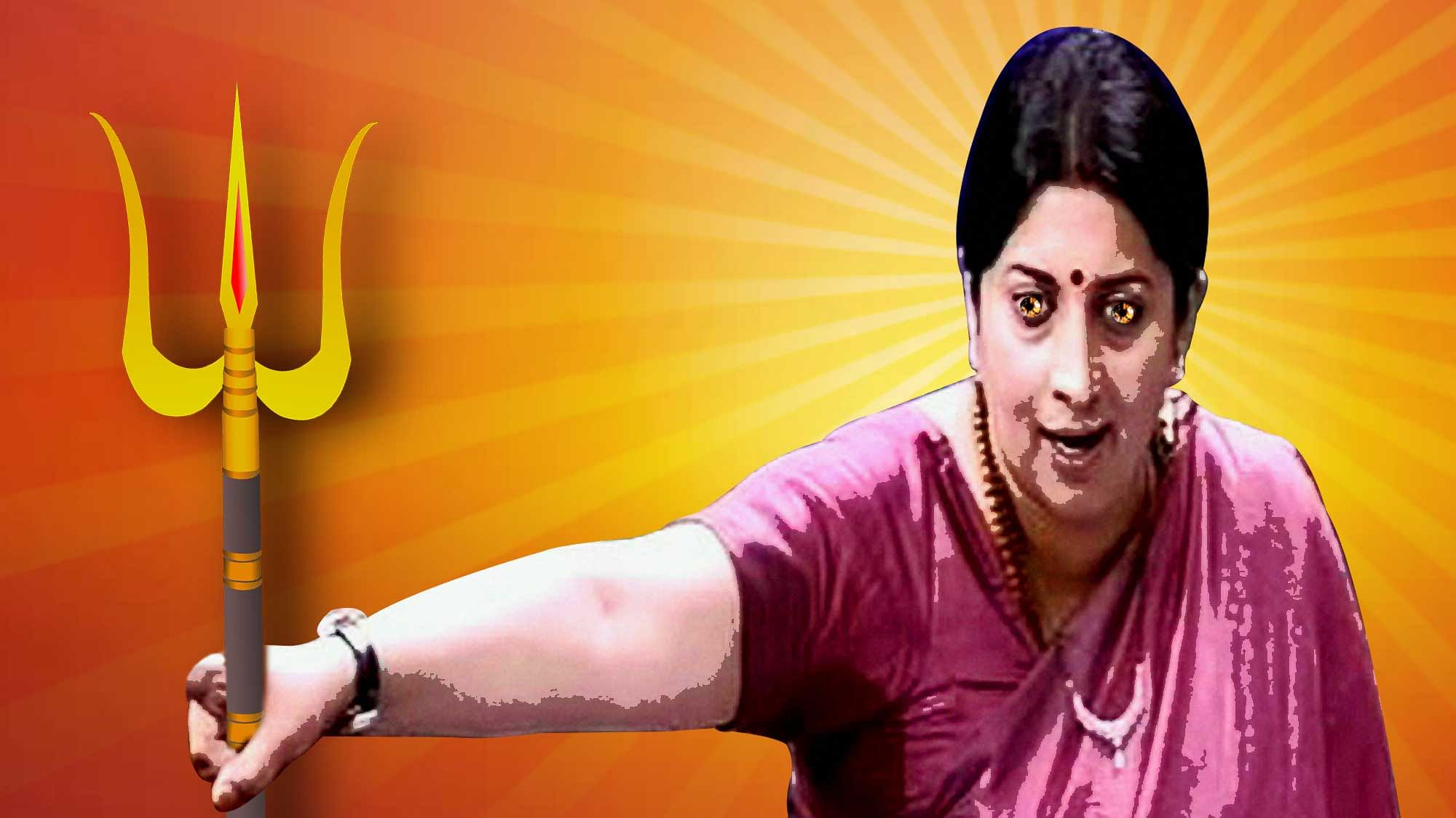 Smriti Irani expressed her displeasure at insults to the godess Durga in Parliament. (Photo: Image altered by <b>The Quint</b>)