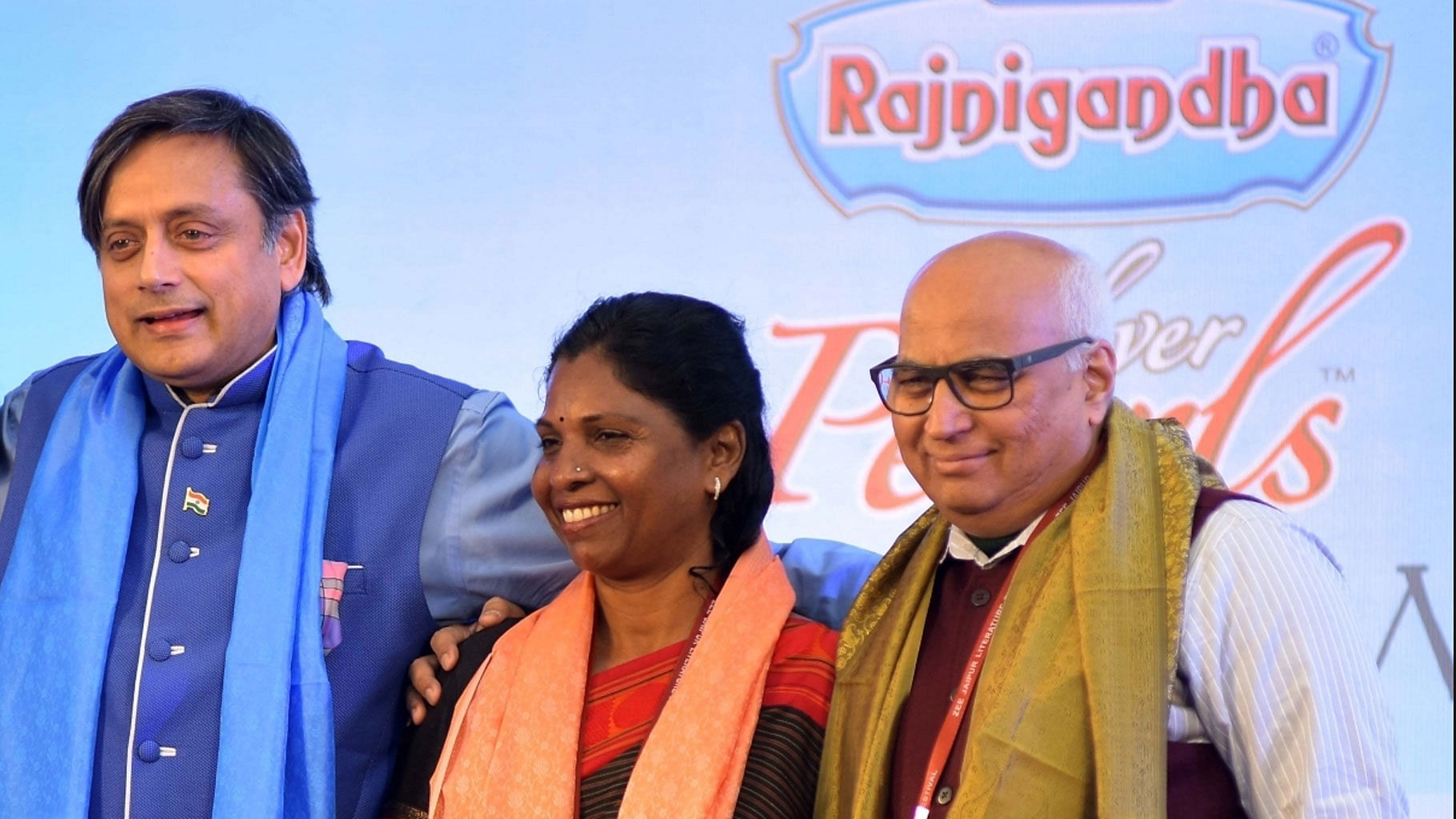 P Sivakami (C) flanked by Shashi Tharoor (L) and Sudheendra Kulkarni (R) during the 2016 Jaipur Literature Festival. (Photo: IANS)