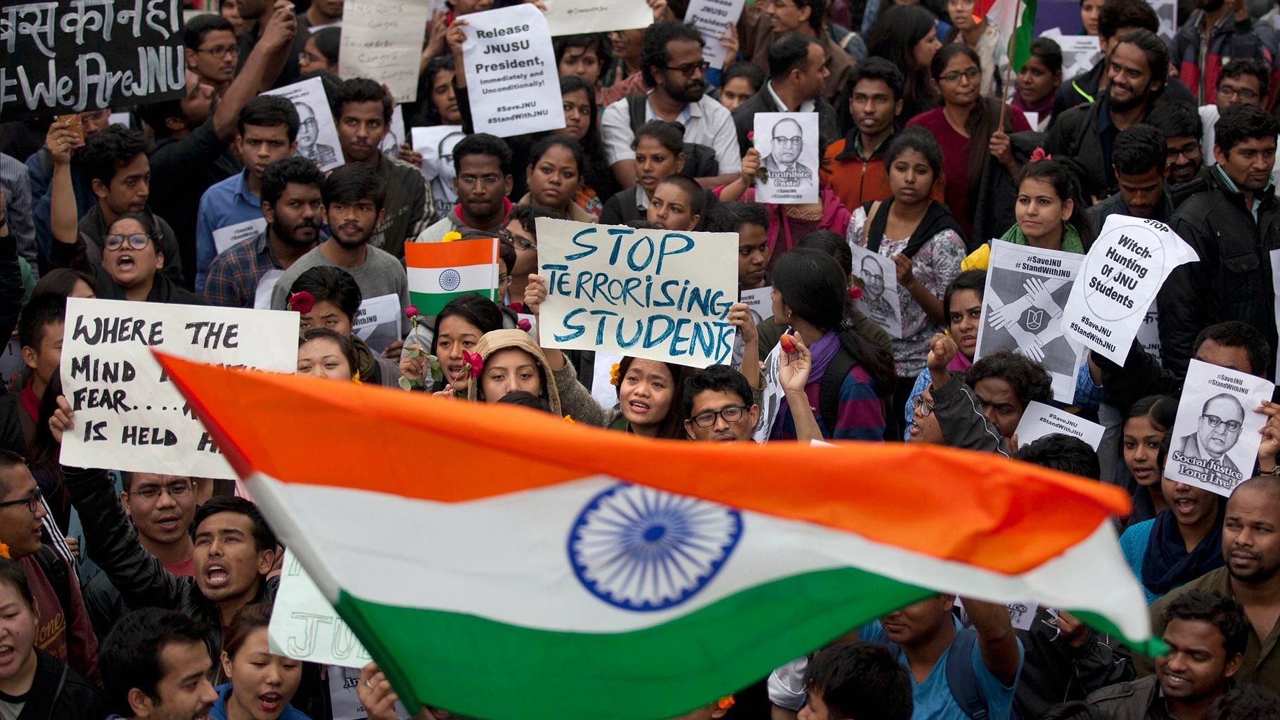 JNU students protest against the government crackdown in Delhi on Thursday, 18 February 2016. (Photo: AP)