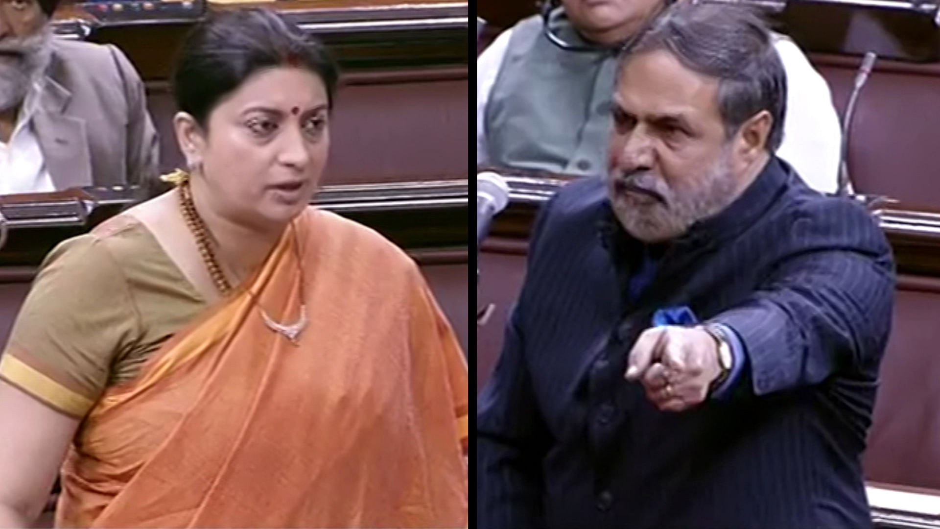 Opposition parties today sought an apology from HRD minister Smriti Irani (left) for reading out in Rajya Sabha “objectionable” comments made outside against Goddess Durga. (Photo: RSTV screengrabs, altered by <b>The Quint</b>)