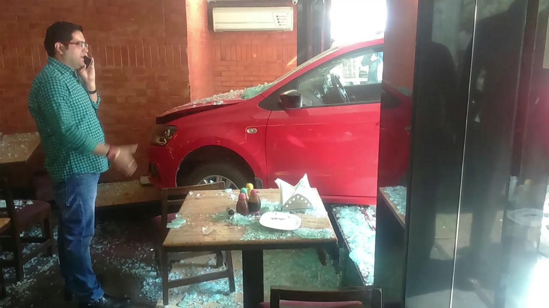 The crashed car inside the damaged restaurant in Ranchi. (Photo: AP/Caters TV screengrab)