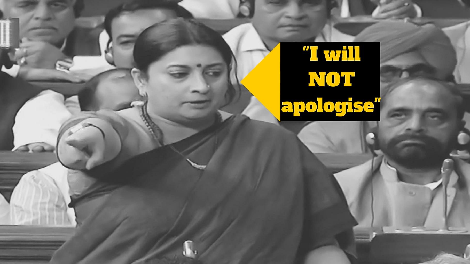HRD Minister Smriti Irani gives quite the performance in Lok Sabha. (Photo Courtesy: LSTV, altered by <b>The Quint</b>)