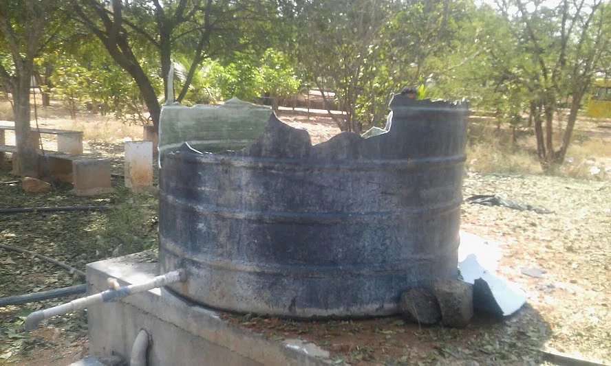 A water tank damaged due to alleged meteor explosion.(Photo: The News Minute)