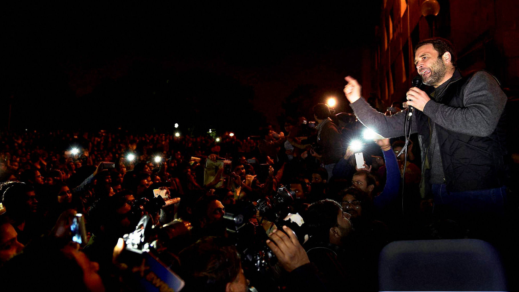 Congress vice president Rahul Gandhi speaking to protesting students at JNU, Delhi on Saturday, 13 February. (Photo: PTI)