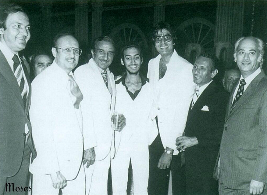 (From L to R) Prem Chopra, Manmohan Desai, Raj Khosla, Danny Desai, Amitabh Bachchan, Subhash Desai and Yash Johar (Photo courtesy: Twitter)