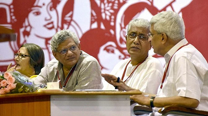 CPI(M) General Secretary Sitaram Yechury with Prakash Karat (right), Manik Sarkar (center) and Brinda Karat (left). (Photo: PTI)