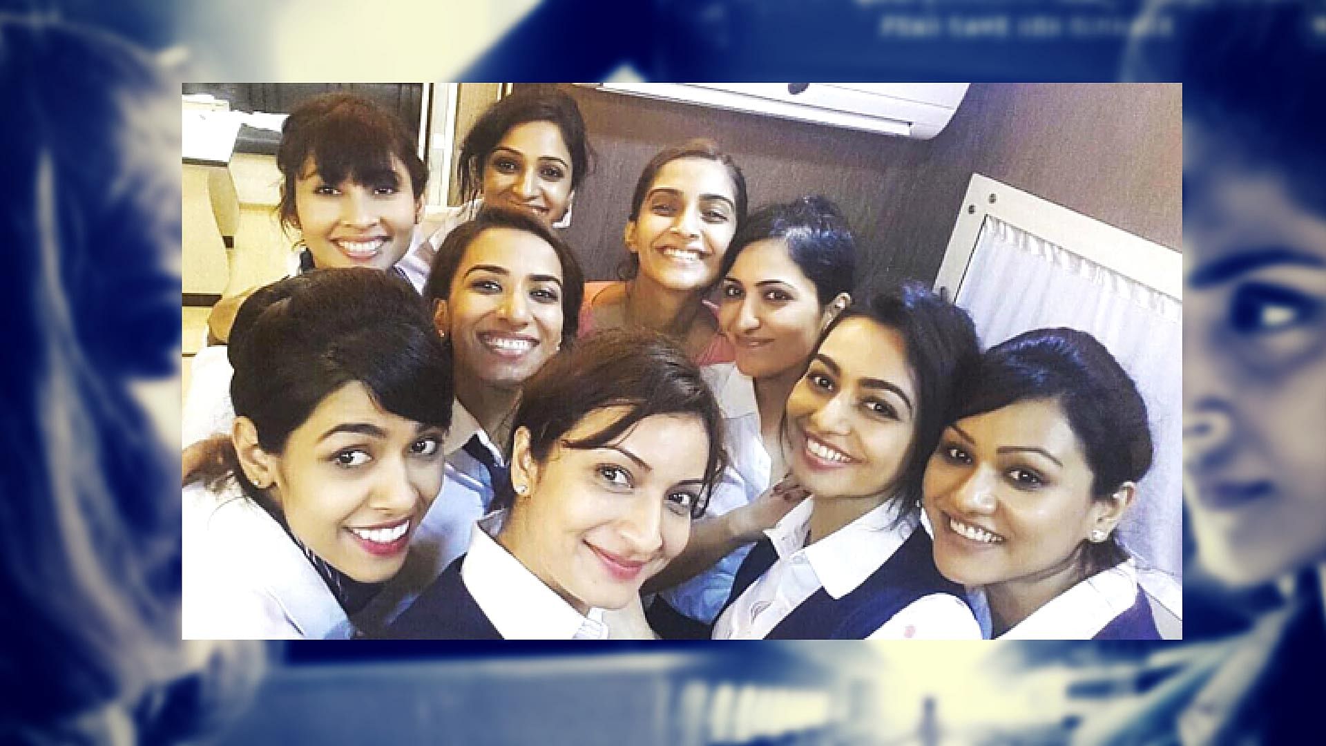 Aishwarya Subramaniam (Sonam’s right) with Sonam Kapoor and the actors who play flight attendants in Neerja. (Photo Courtesy: <a href="https://www.instagram.com/sonamkapoor/">Sonam Kapoor’s instagram</a>)