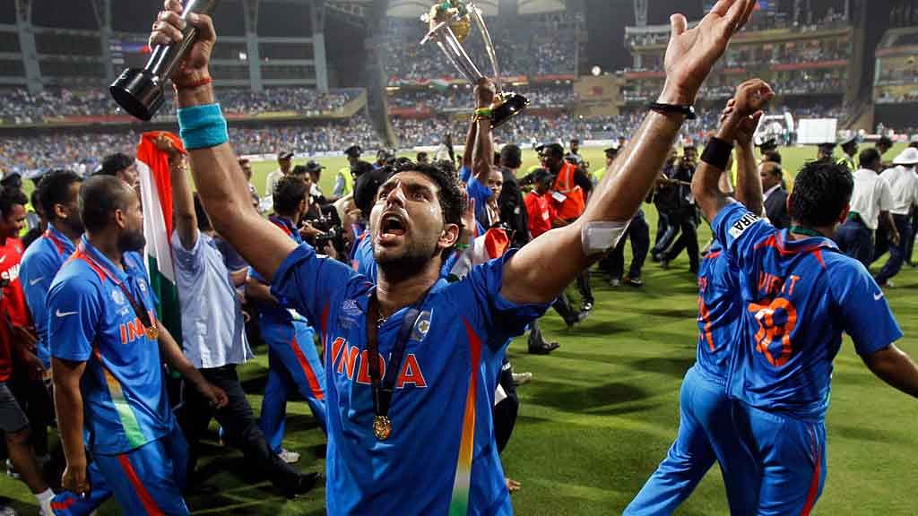 Yuvraj Singh celebrates after leading India to a World Cup victory in 2011.