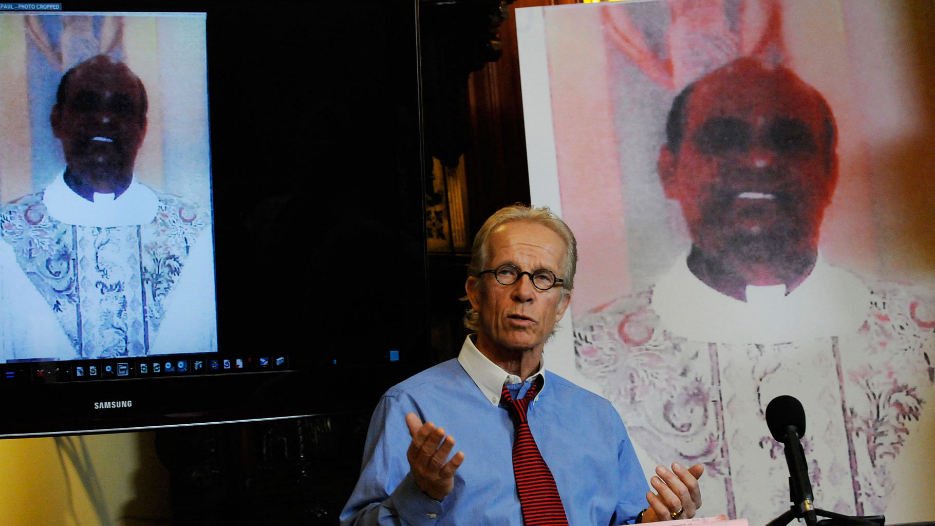 In this Monday, April 5, 2010 file photo, attorney Jeff Anderson stands between photos of The Rev. Joseph Palanivel Jeyapaul during a news conference in St. Paul, Minn. (Photo: AP)