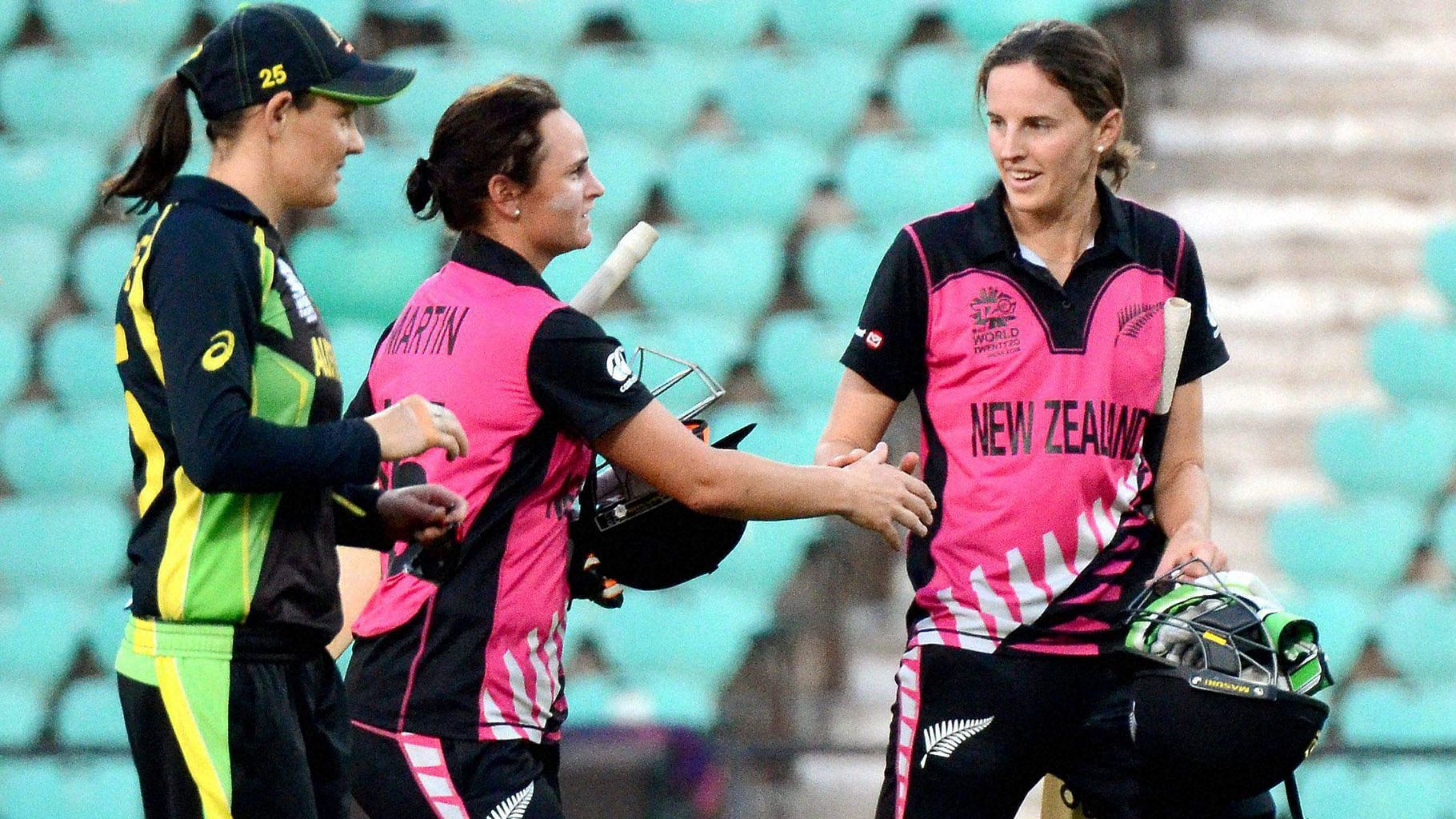 

New Zealand batswomen Katey Martin and Amy Satterthwaite celebrate after winning the World T20 match against Australia. (Photo: PTI)