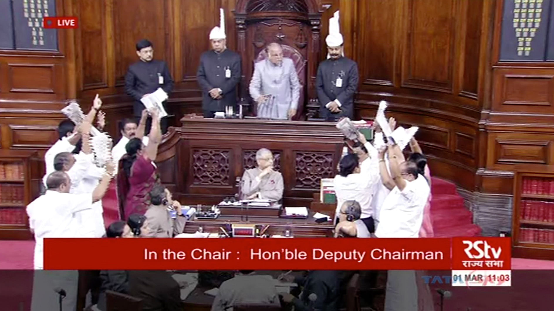 Uproar in the Rajya Sabha. (Photo: RSTV Screengrab)