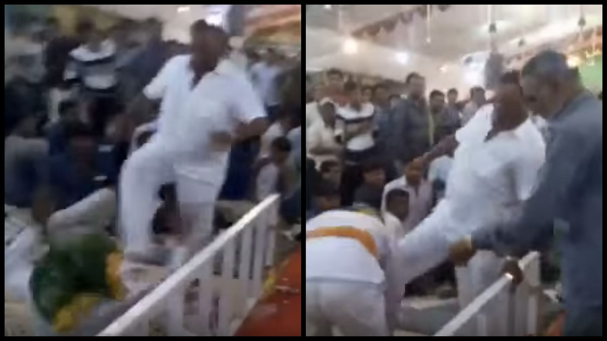 An agitated Radadiya was seen kicking the elderly person who prayed to be spared. (Photo: <a href="https://www.youtube.com/watch?v=o5WoTArMt4E">Youtube screengrab</a>)