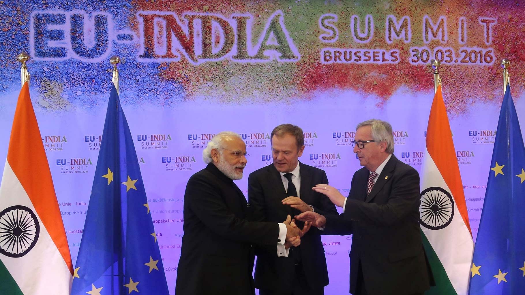 Prime Minister Narendra Modi with European Commission President Jean-Claude Juncker (right) and European Council President Donald Tusk at the EU-India summit at the EU Council building in Brussels, Wednesday, 30 March 2016. (Photo: AP)