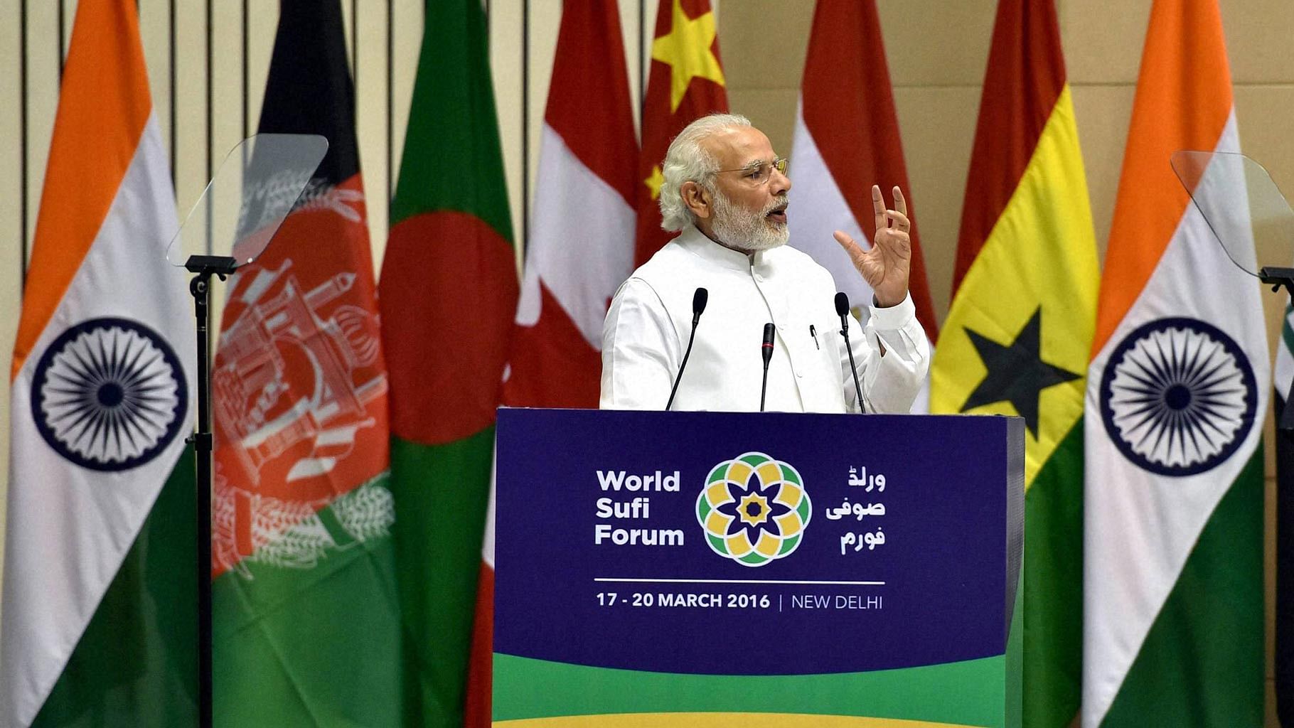 PM Modi at the inaugural address of World Sufi Forum. (Photo: PTI)