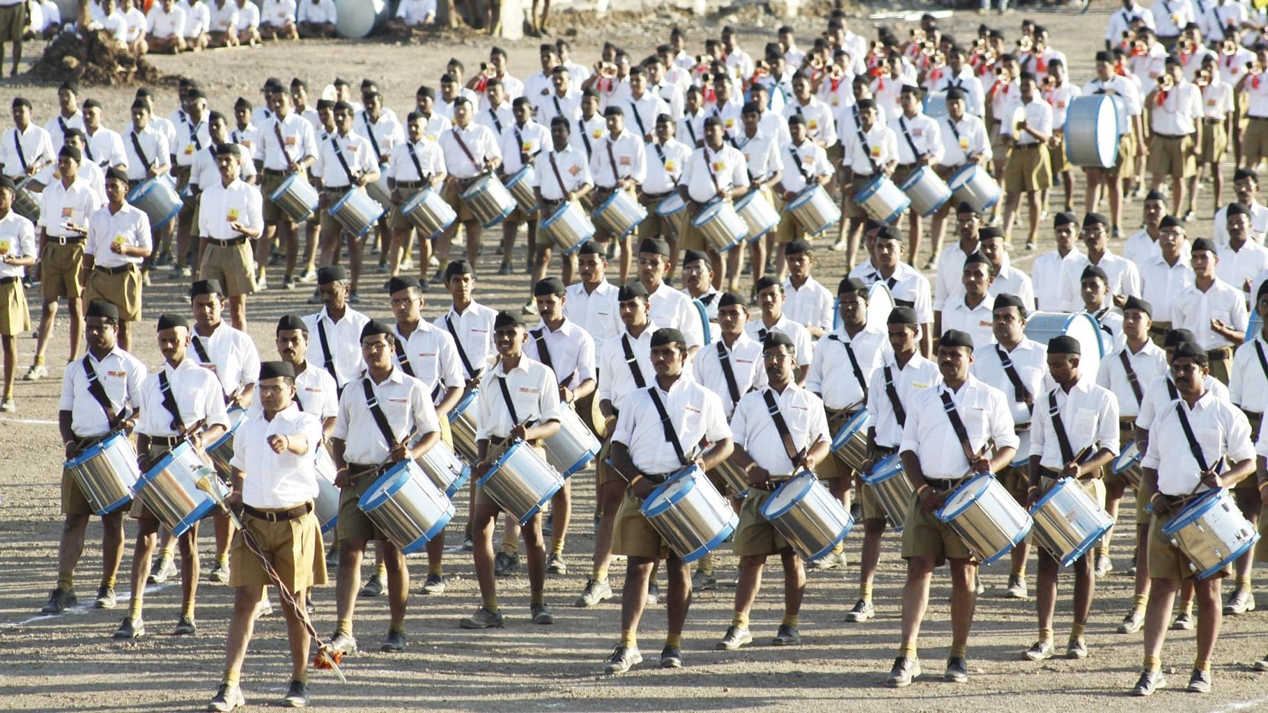 A file photo of RSS volunteers in their trademark khaki shorts.&nbsp;