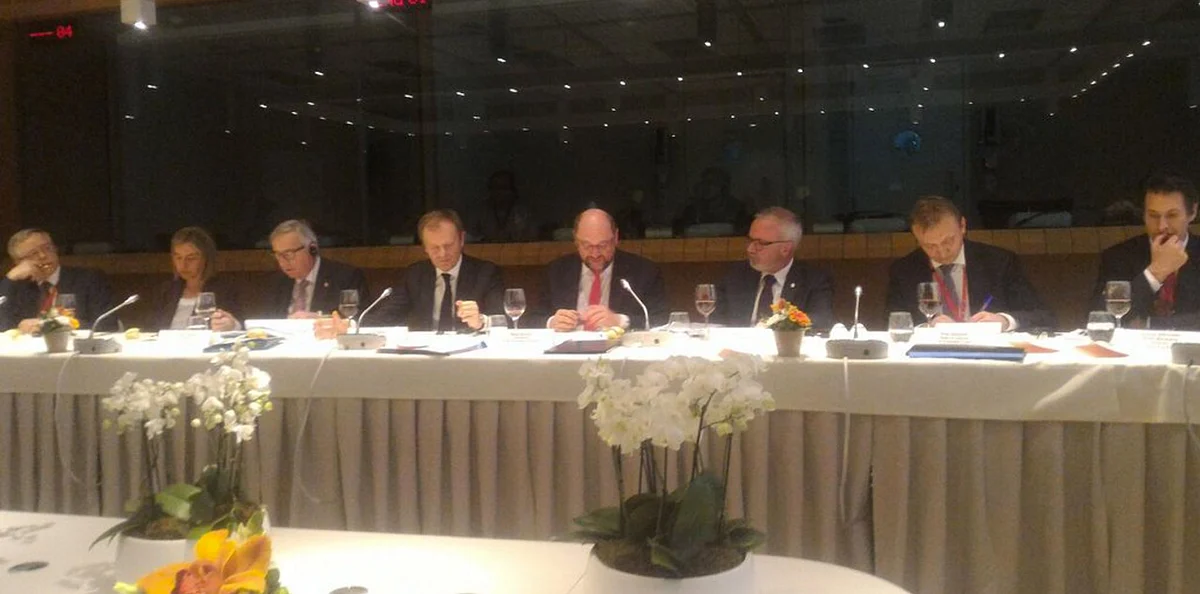 President of European Parliament and the President of the European Investment bank join the dinner with Presidents of European Presidents with PM Modi on Wednesday, 30 March 2016. (Photo Courtesy: <a href="https://twitter.com/MEAIndia/status/715217759718629376">Twitter.com/@MEAIndia</a>)
