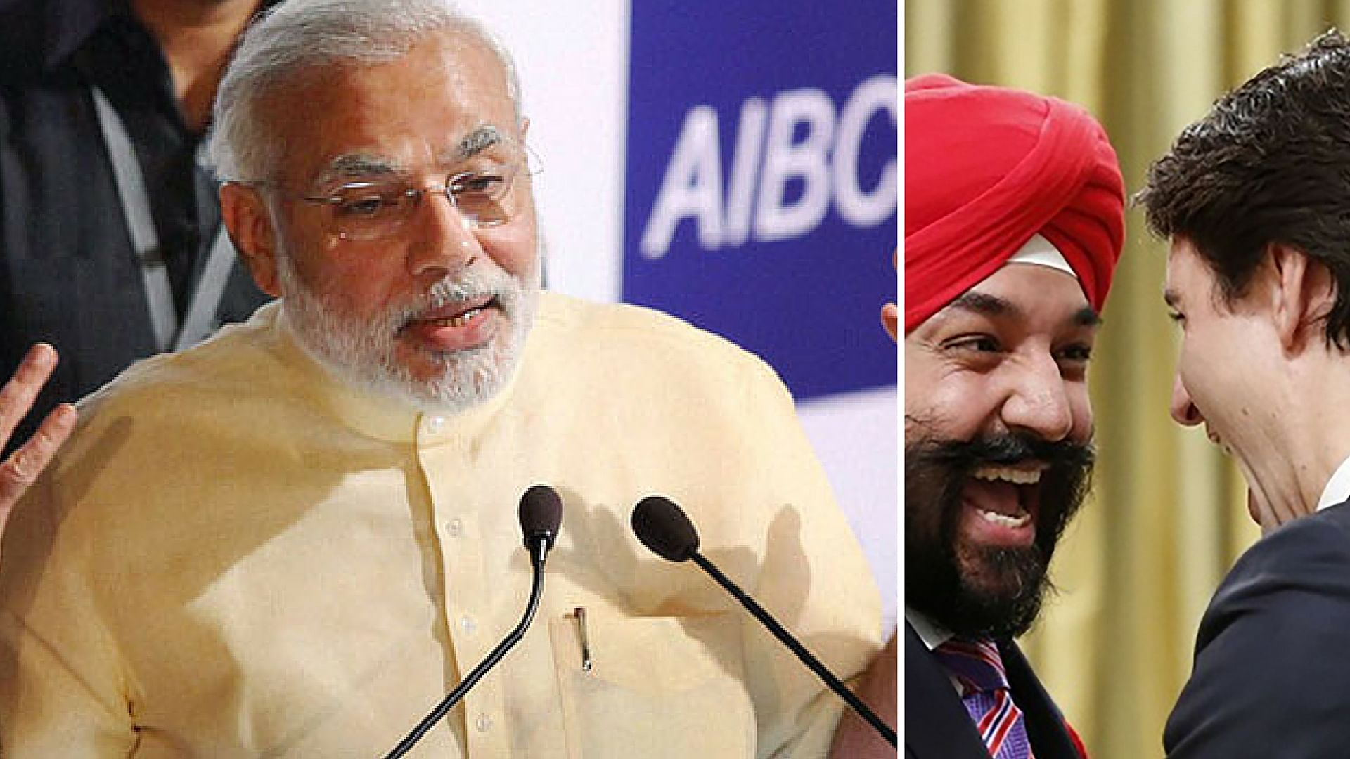 Narendra Modi (left). Justin Trudeau shares a light moment with his Cabinet Minister Navdeep Bains. (Photo: PTI, Twitter)