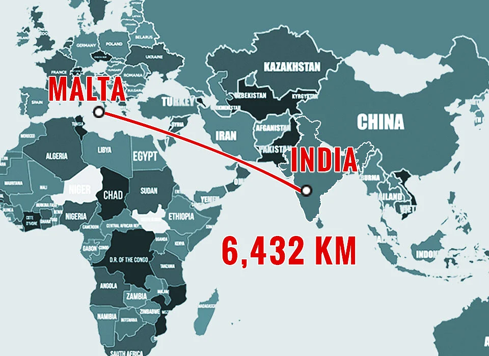 World Map representing distance between India and Malta (Photo: The Quint)