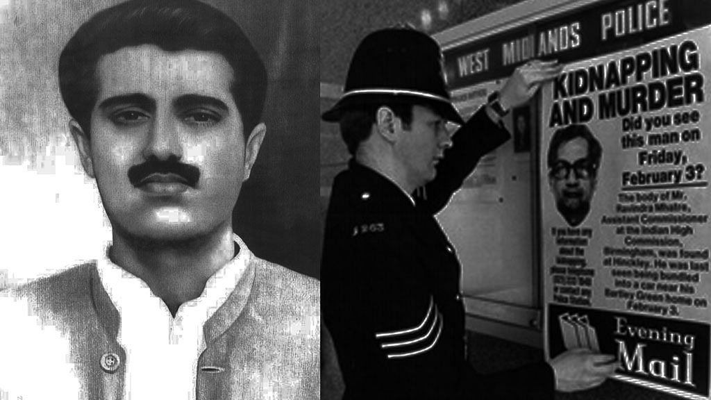 JKLF founder Maqbool Butt and Scotland Yard policeman putting out a lookout  poster after Ravindra Mhatre’s kidnapping. (Photo: Treated by <b>The Quint</b>)