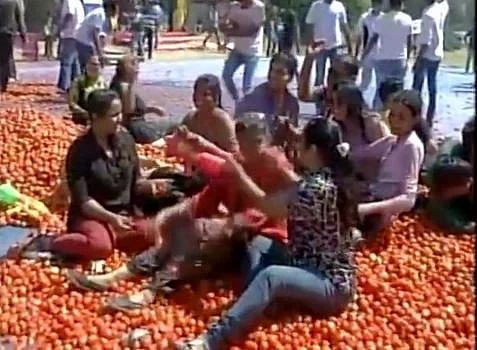 Holi being played with tomatoes in Ahmedabad. (Photo: ANI)
