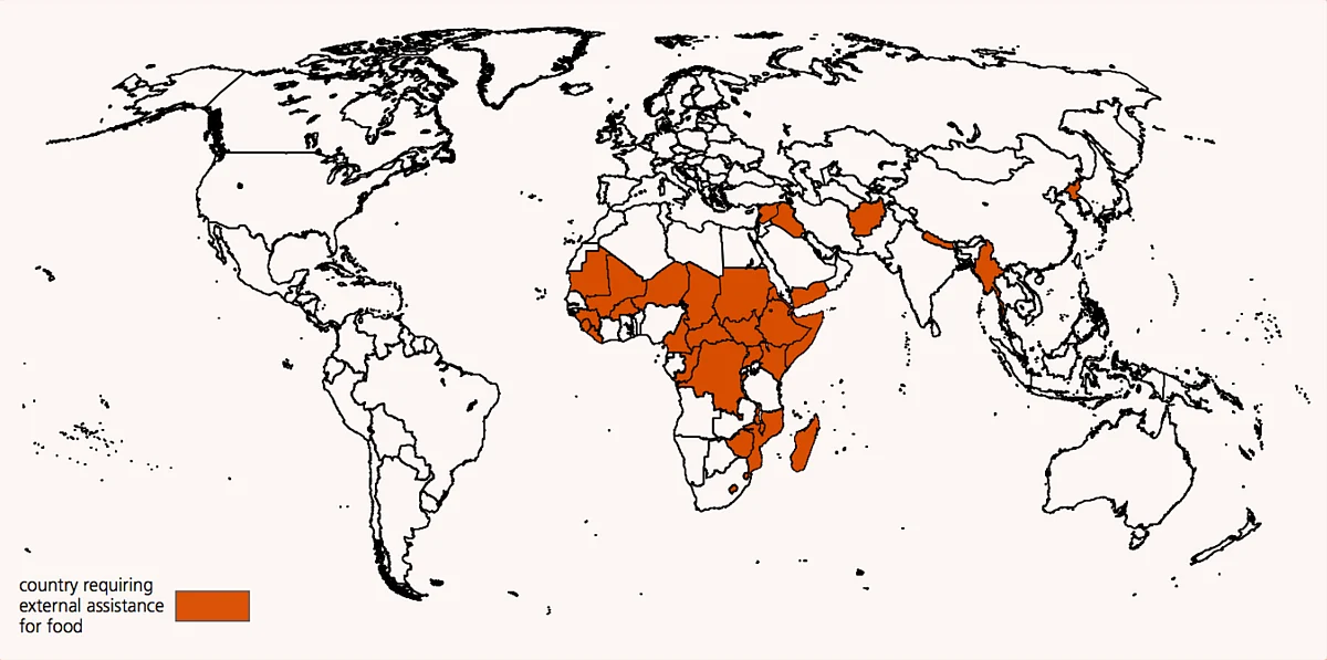 The 34 countries that are lacking food due to conflict. (Photo Courtesy: Crop Prospects and Food Situation <a href="http://www.fao.org/GIEWS/ENGLISH/cpfs/I5455e/I5455E.pdf">report</a>)