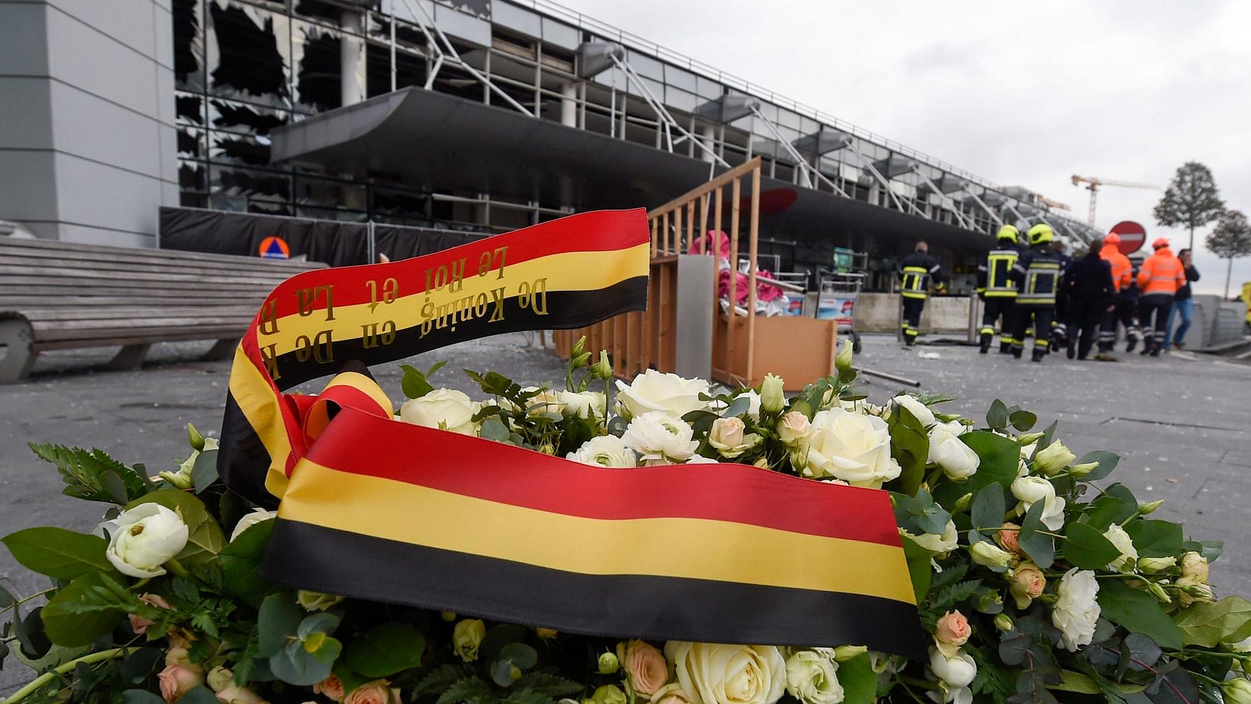 A wreath  placed in front of the damaged Zaventem Airport terminal in Brussels on Wednesday, March 23, 2016. (Photo: AP)