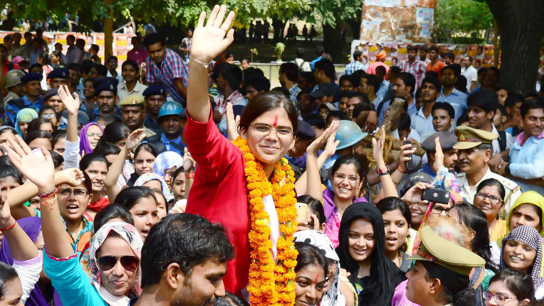Richa Singh, who was elected the president of Allahabad University Student’s Union celebrates her victory at the university campus on 1 October 2015. (Photo: IANS)