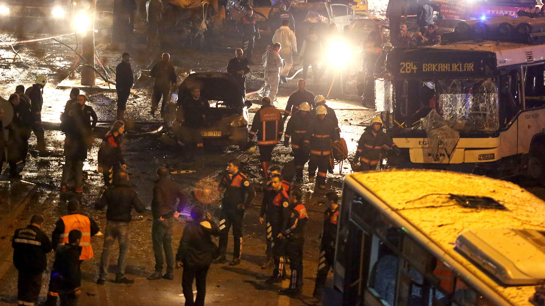 Members of emergency services work at the scene of an explosion in Ankara, Turkey. (Photo: AP)