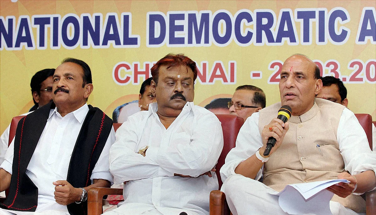 The then BJP president Rajnath Singh, DMDK President Vijayakanth and
MDMK chief Vaiko in a 2014. (Photo: PTI)