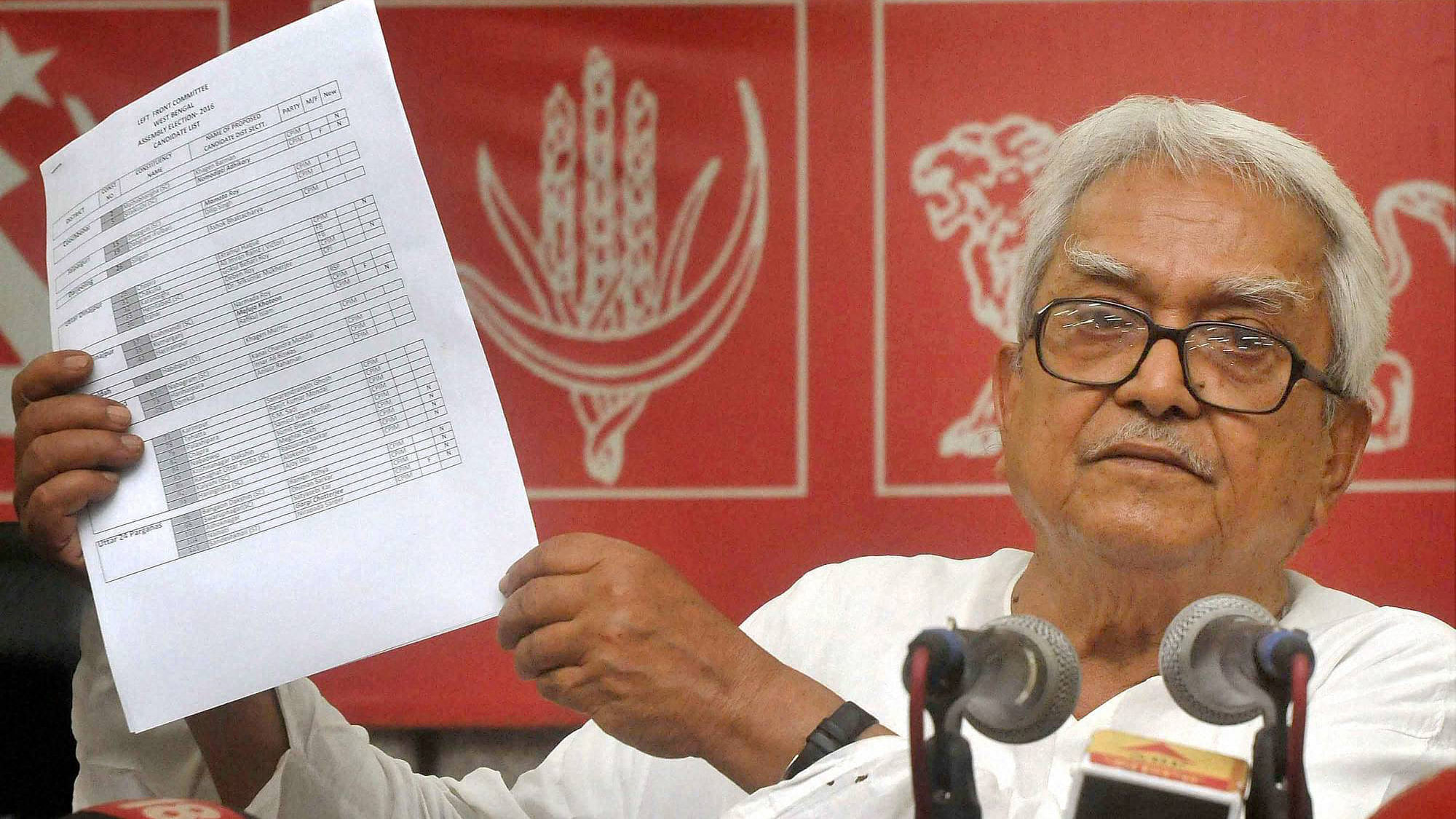 Left Front Chairman and CPI (M) Politburo member Biman Bose announcing left parties’ candidates list. (Photo: PTI)