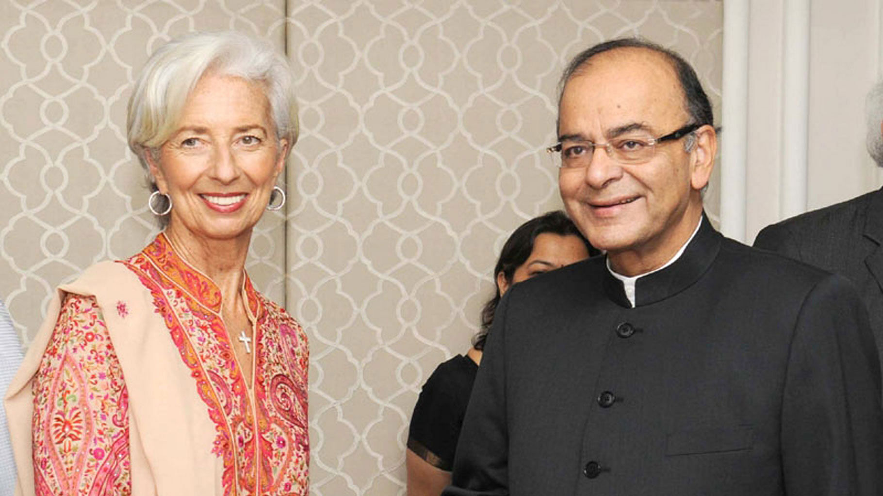 Managing Director of International Monetary Fund (IMF) Christine Lagarde and Finance Minister Arun Jaitley and a bilateral meeting in New Delhi on 11 March 2016.
