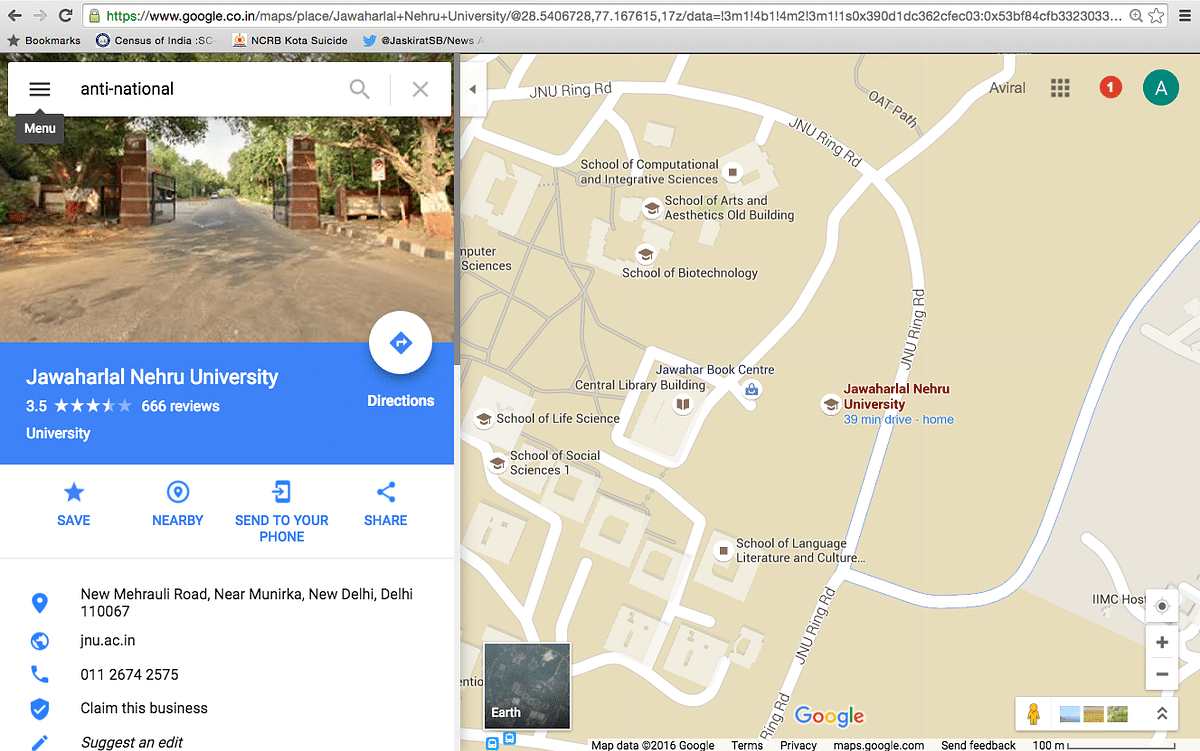 A google map search for “anti-national” or “sedition” takes you to Jawaharlal Nehru. Blame it on the algorithm.