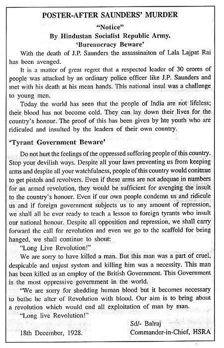 HSRA pamphlet after Saunder’s murder, signed by Balraj, a pseudonym of Chandrashekhar Azad. (Photo courtesy: Wikimedia Commons)