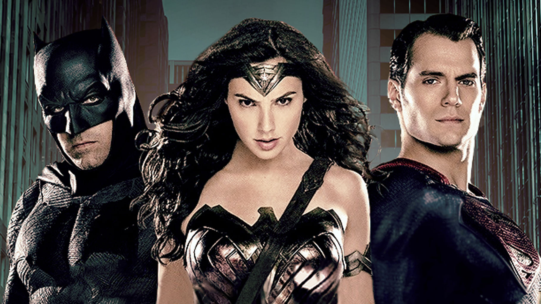 Ben Affleck, Henry Cavill and Gal Gadot in a promotional still from <i>Batman v Superman </i>