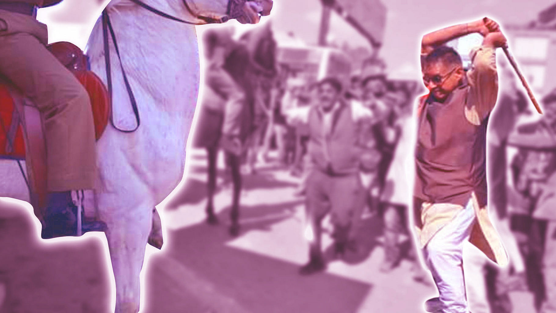BJP MLA Ganesh Joshi raising a stick on police horse, Shaktiman (Photo: ANI, altered by The Quint)