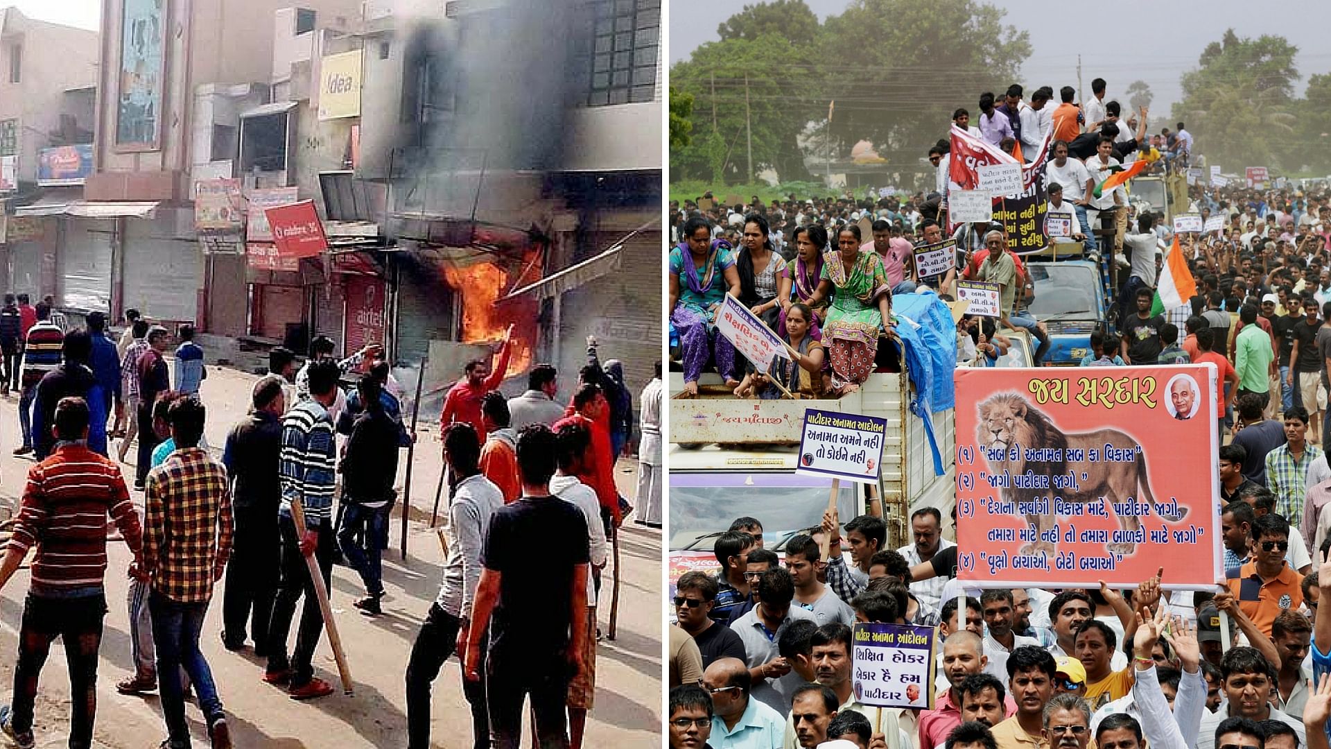 Jat stir in Haryana (left) and Patidar rally in Gujarat. (Photo: PTI)