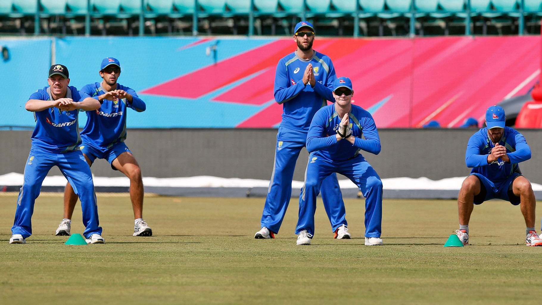 

Australian team practices  ahead of its match against New Zealand during the ICC World Twenty20. (Photo: AP)