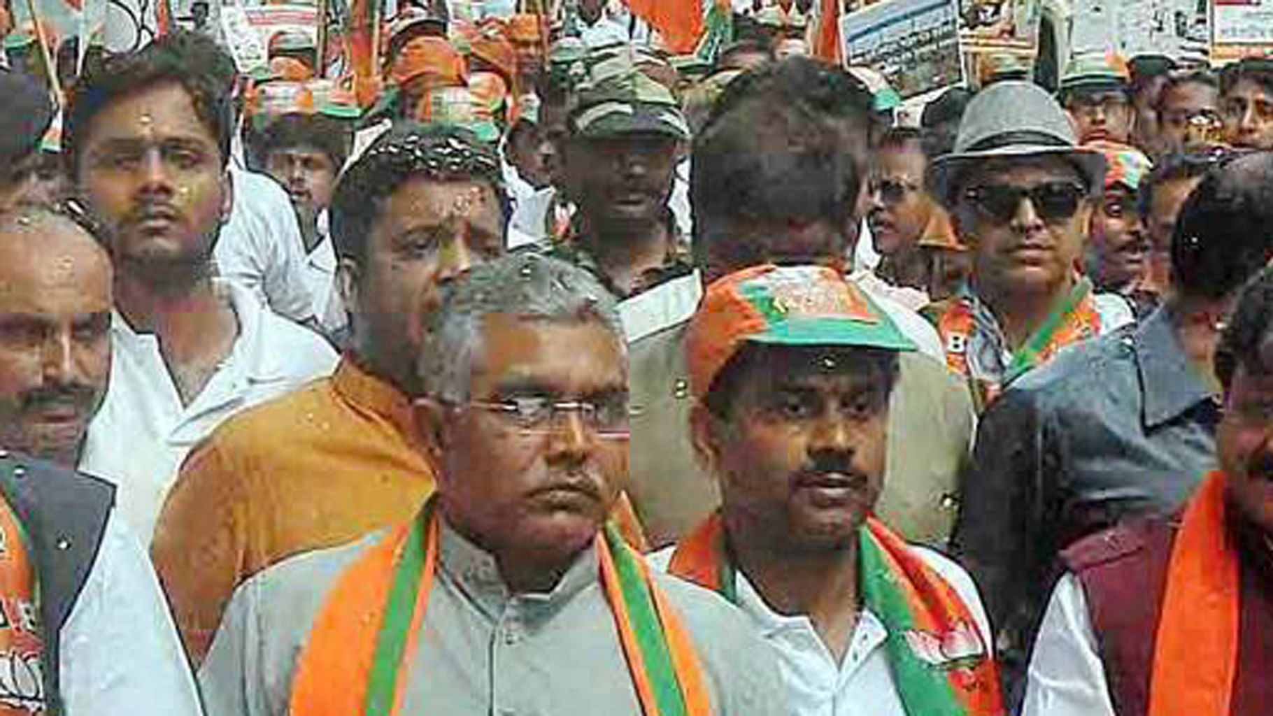 BJP state president Dilip Ghosh and other party leaders in a protest against the state government, at Salt Lake City in Kolkata on Tuesday, 1 March. Photo used for representational purposes.