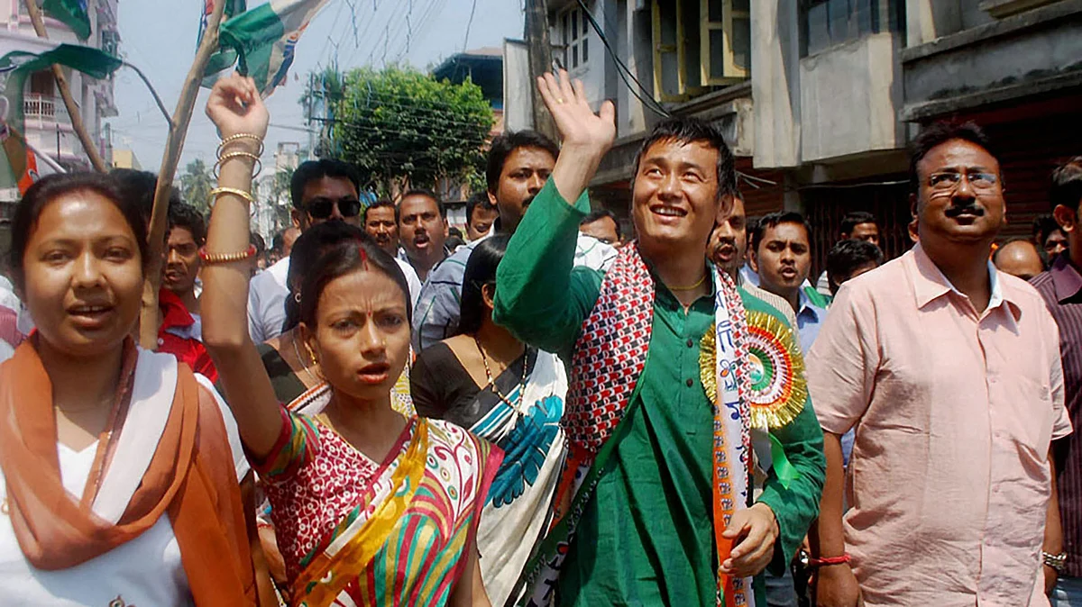 Footballer Baichung Bhutia during an election rally in Darjeeling. (Photo: PTI)