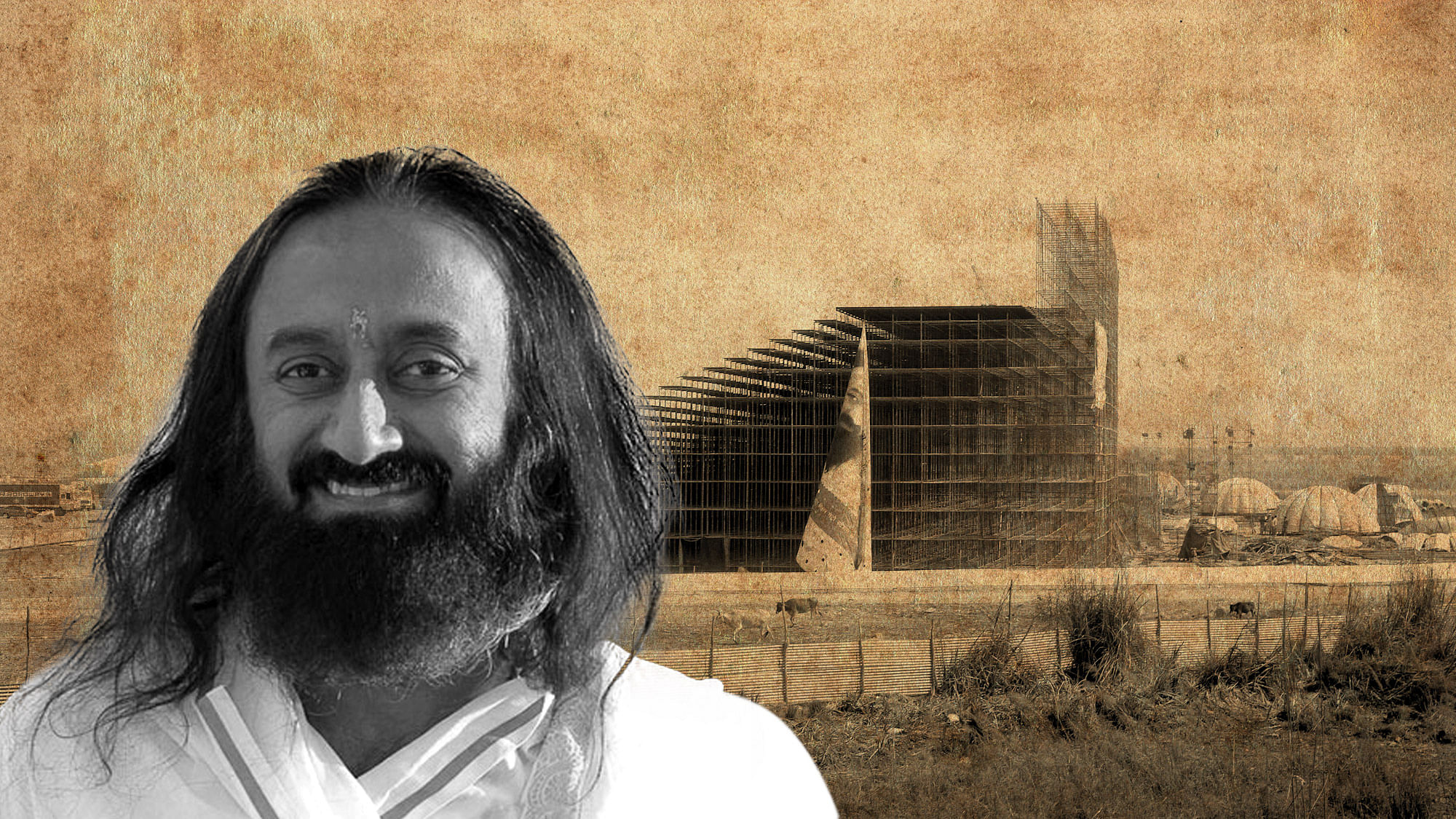 Sri Sri Ravi Shankar’s organisation is in the middle of a controversy surrounding an event they are organising on the Yamuna floodplain (Photo altered by <b>The Quint</b>)