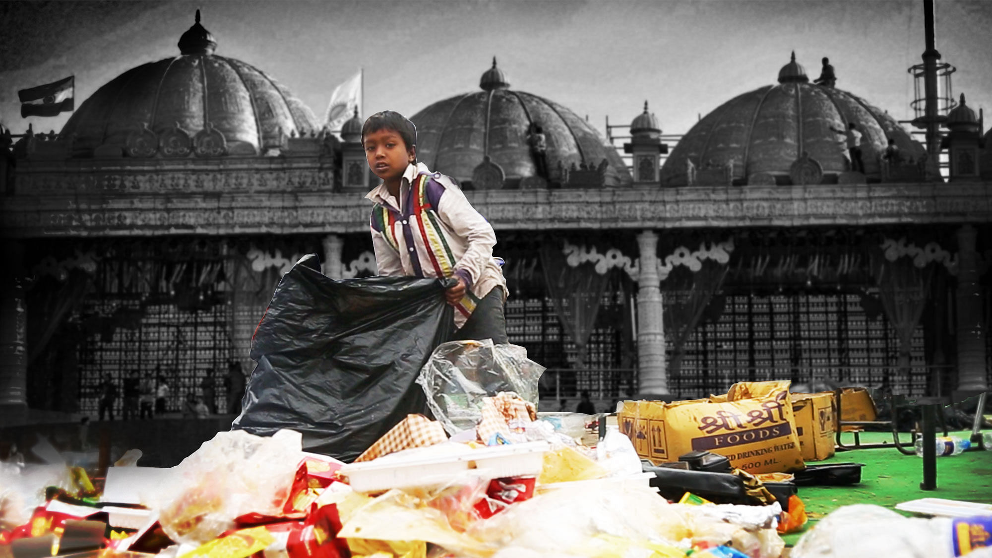 Rag-pickers sort through trash left behind by Art of Living devotees. (Photo: Altered by <b>The Quint</b>)