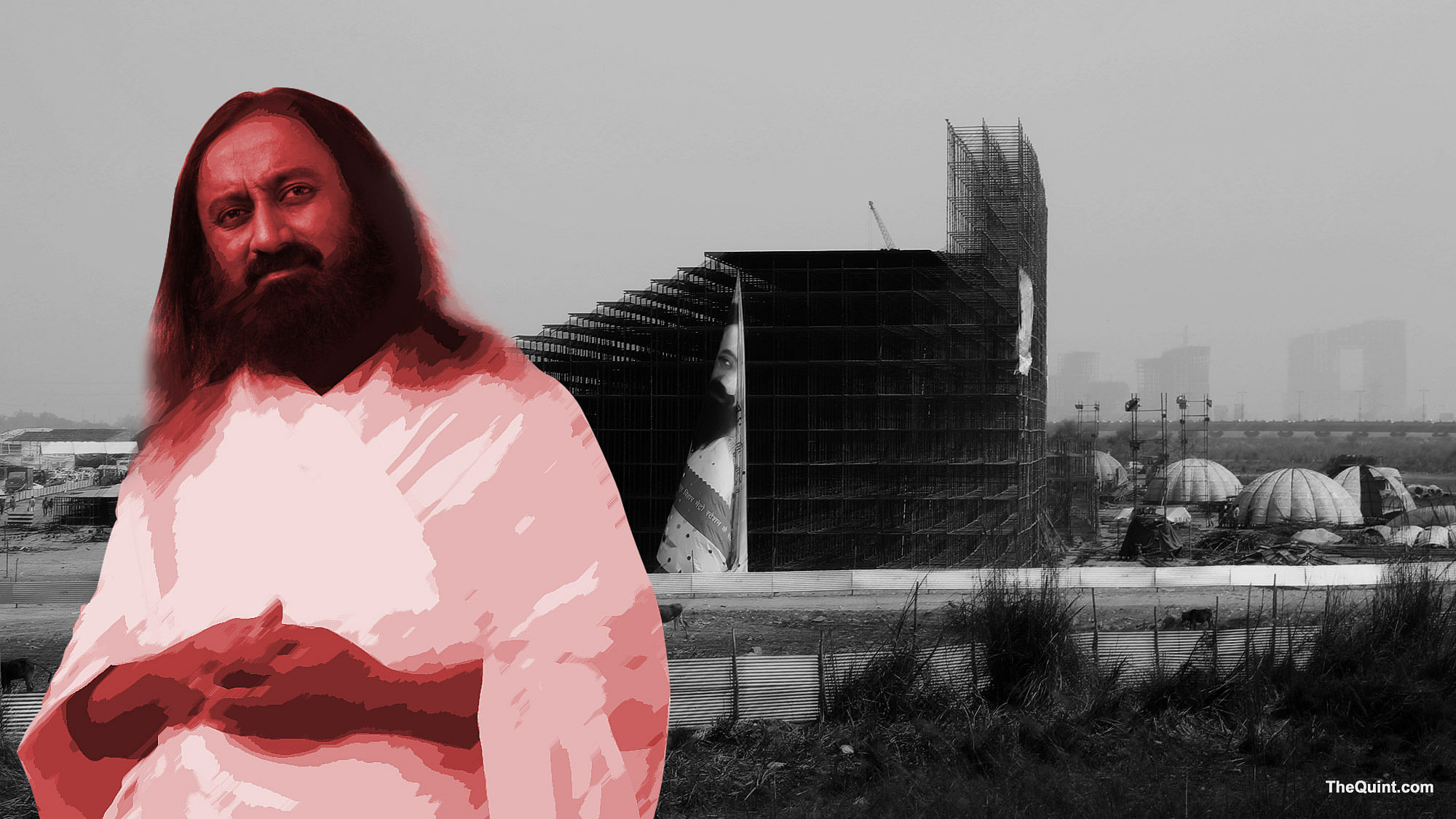 Sri Sri Ravi Shankar’s organisation is in the middle of a controversial case on the Yamuna Flood Plain (Photo altered by <b>The Quint</b>)