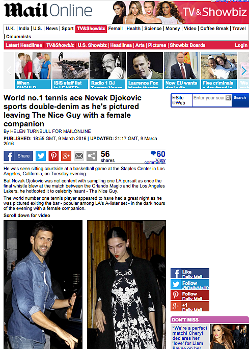 The Daily Mail report on Djokovic and a “leggy brunette” 