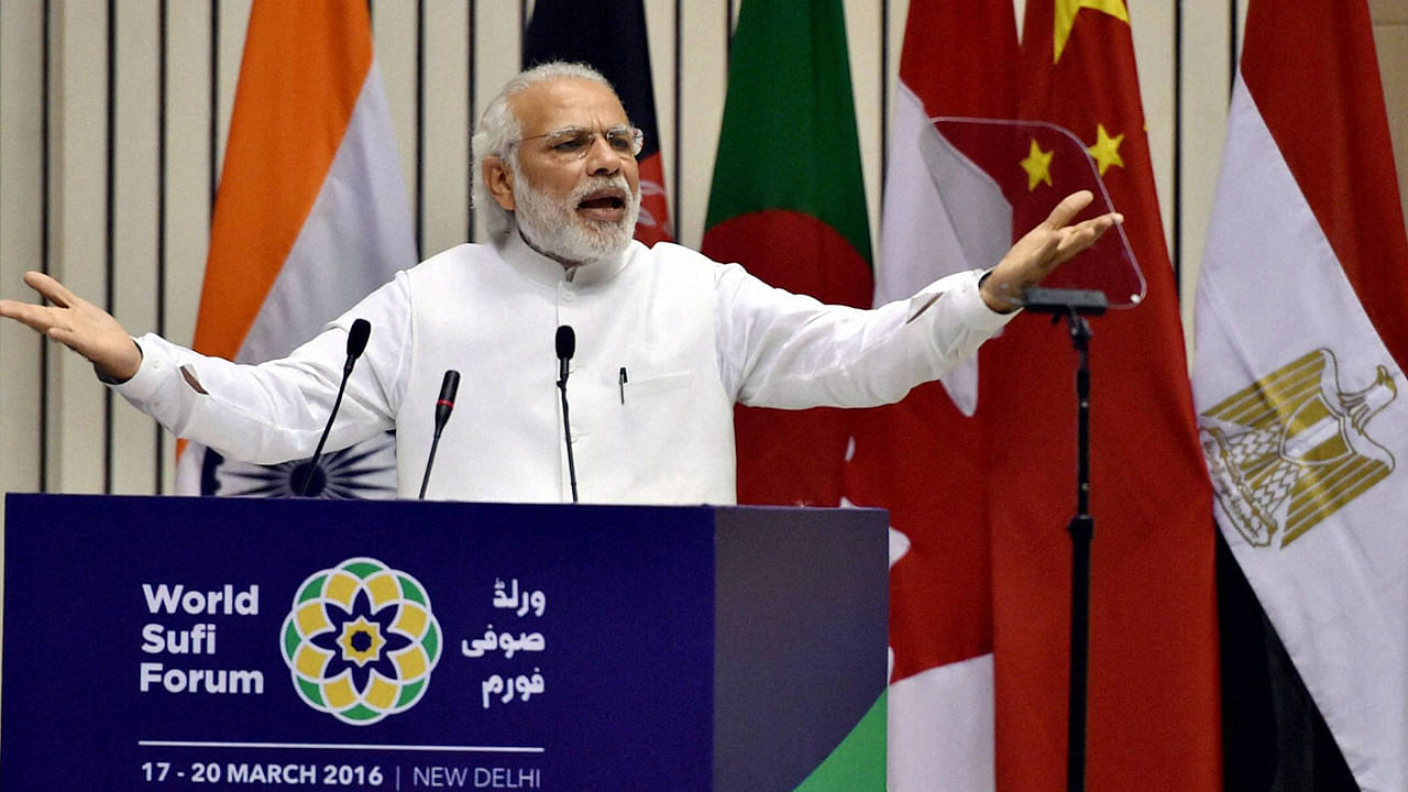 Prime Minister Narendra Modi addressing at the opening ceremony of World Sufi Forum at Vigyan Bhawan in New Delhi on Thursday. (Photo: PTI)&nbsp;