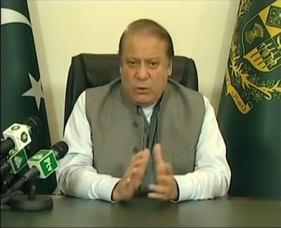 Pakistan Nawaz Sharif addresses his nation on the Lahore blast. (Photo courtesy: ANI screengrab)