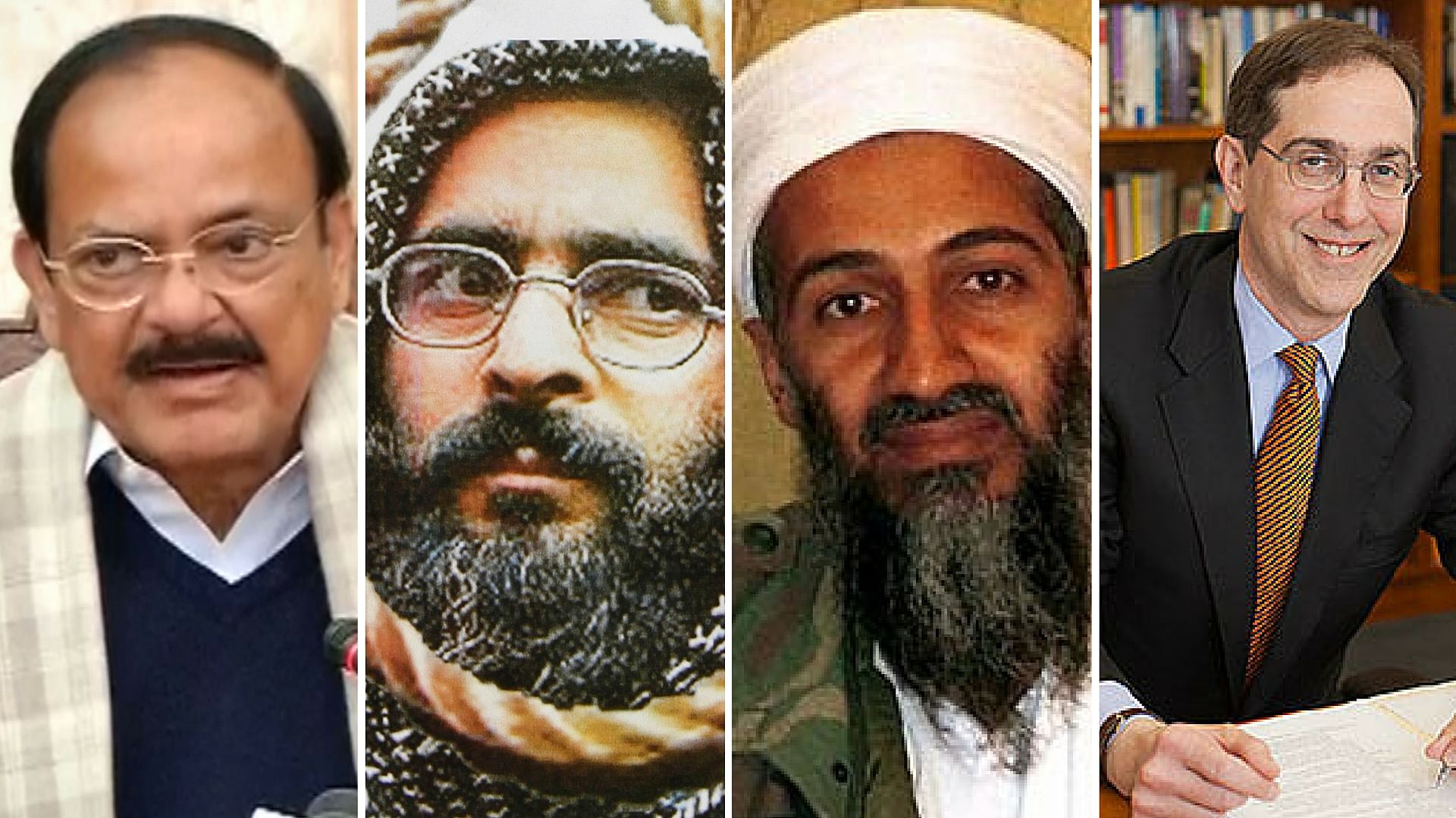 From left to right: Venkaiah Naidu, Afzal Guru, Osama bin Laden and Christopher L Eisgruber. (Photo: ANI/Reuters/AP/<a href="http://www.princeton.edu/president/eisgruber/who/eisgruber/">Princeton University</a>)