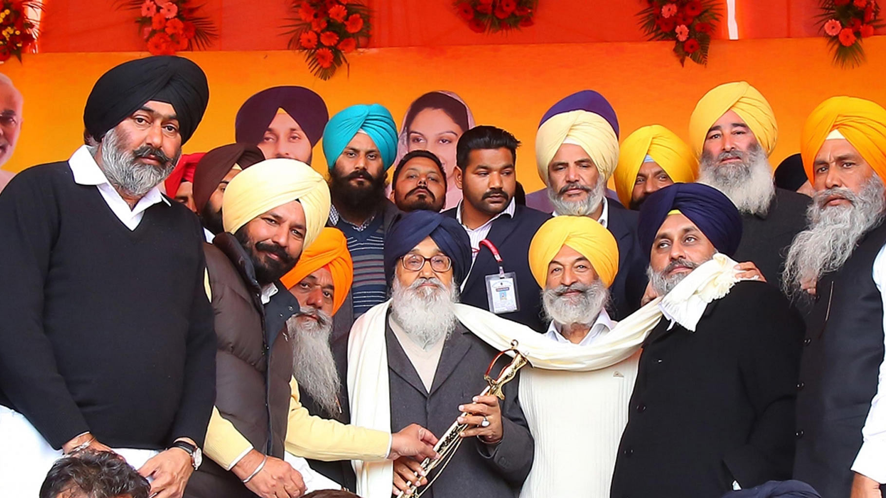 Punjab Chief Minister Parkash Singh Badal (centre) and Deputy Chief Minister (second from right) Sukhbir Singh Badal during a Shiromani Akali Dal rally in Muktsar on January 14 2016. (Photo: IANS)